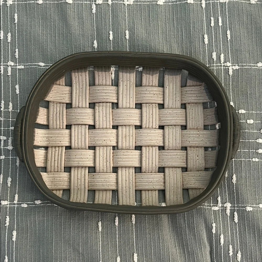 Restoration Hardware Ceramic Woven Basket With Handles RH Stamp Cream blue gray